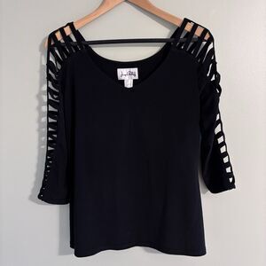 VTG Joseph Ribkoff Womens 8 Blouse Black Ladder Sleeve Elegant Modern Chic Y2K